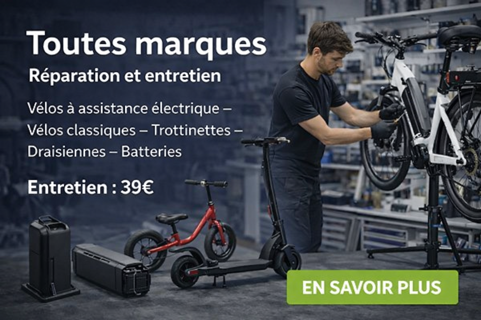 Forfait entretien toutes marques vélo, vélo électrique, vae, trottinette électrique à chez VROUMe Avion Lens Liévin Arras